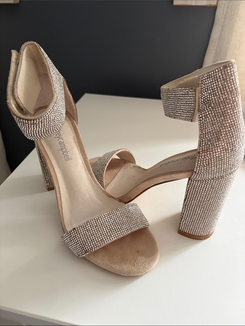 Jeffrey Campbell Rhinestone Block Heel Sandals in Champagne
